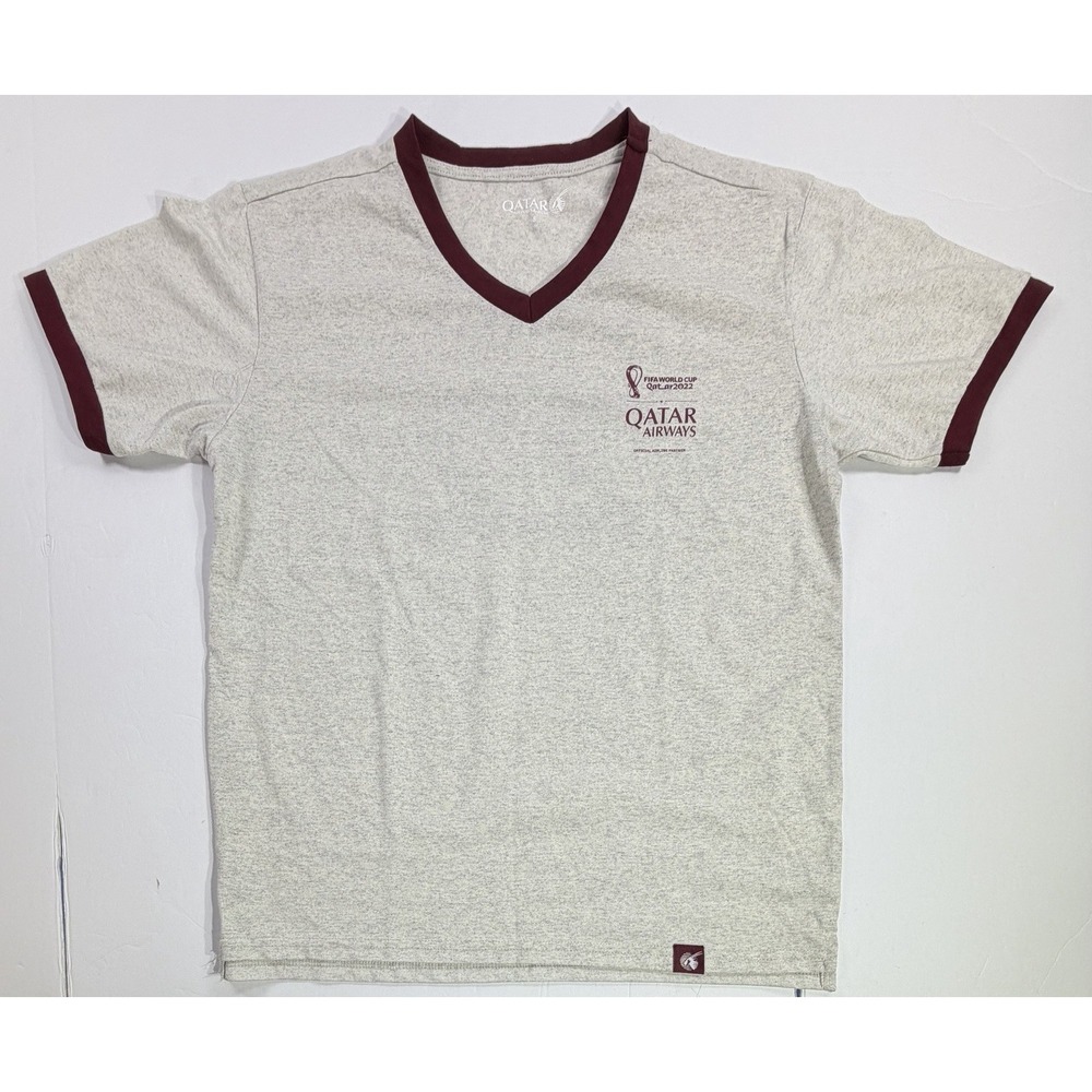 Qatar Airways FIFA World Cup Qatar 2022 V Neck Ringer T Shirt Gray Mens S‎